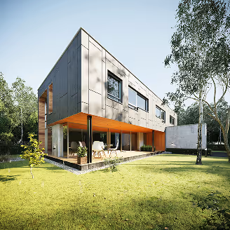 Modernes zweistöckiges Haus mit grauer Fassade und großem Garten bei Sonnenschein.