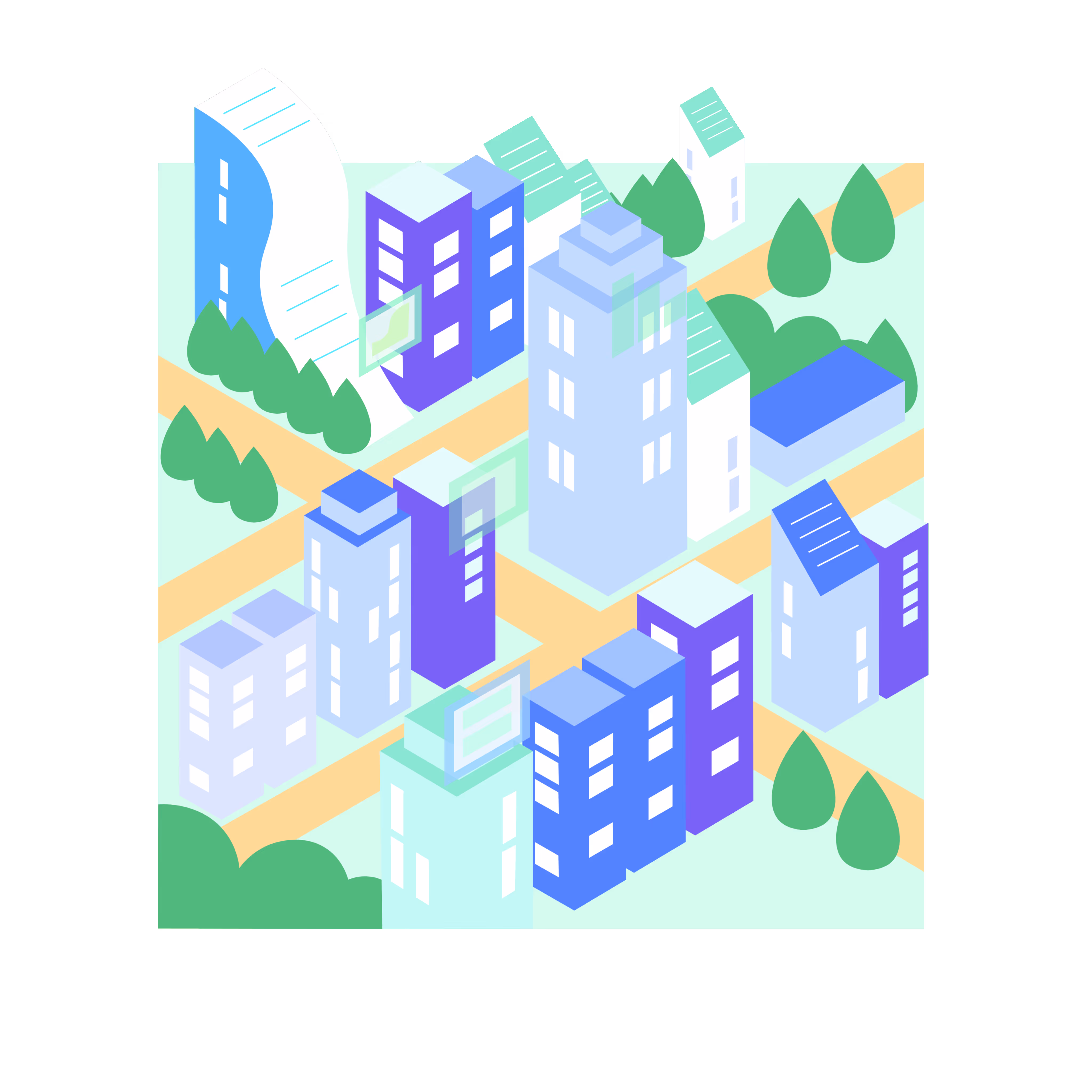 Bild Illustration einer Stadt mit mehrstöckigen Gebäuden, Straßen und Bäumen in Blau- und Grüntönen.