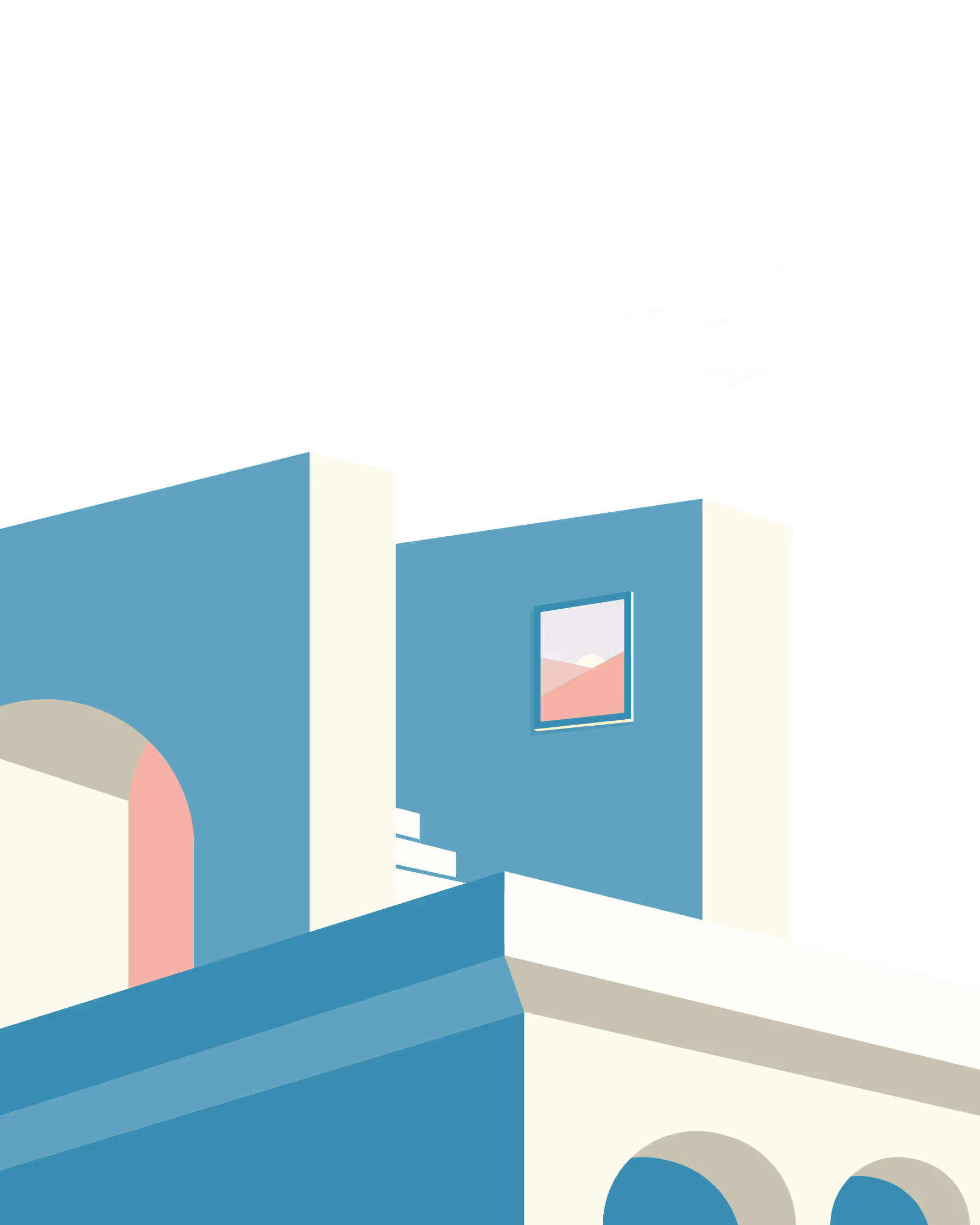 Bild Minimalistische Illustration eines weißen und blauen Hauses mit Bogenfenstern und einem gerahmten Bild an der Wand, darüber fliegen Vögel.