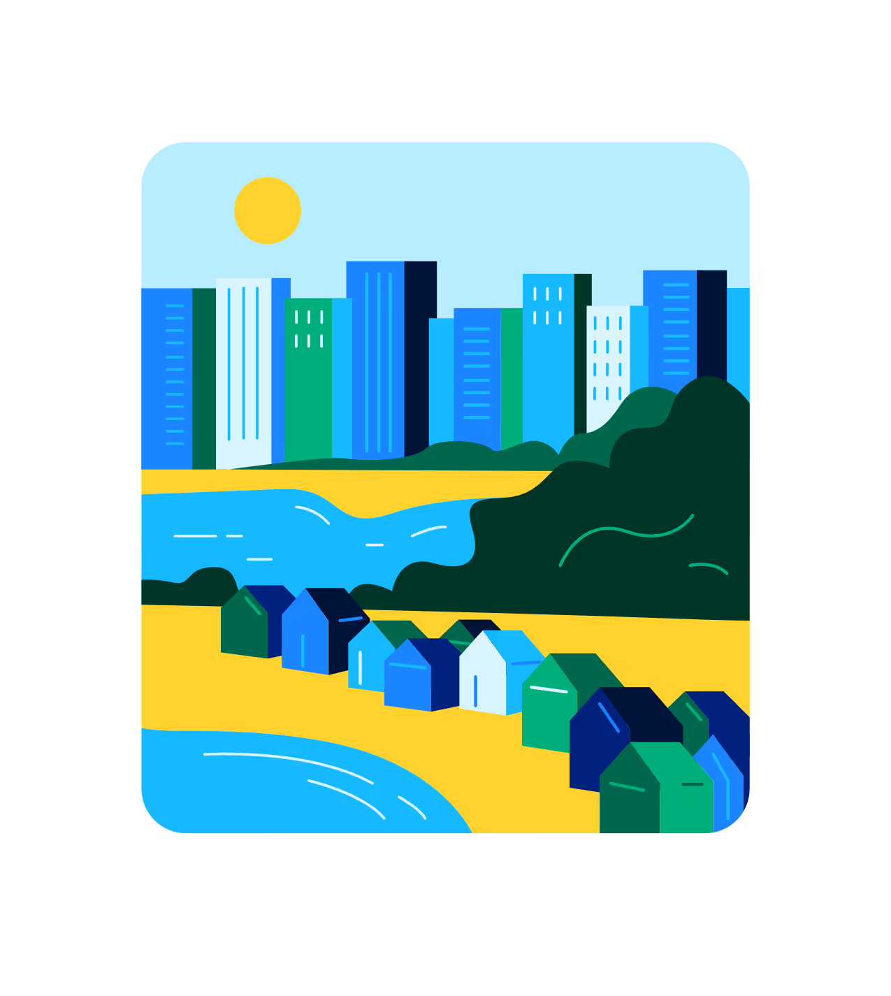 Bild Illustration einer sonnigen Stadt mit Hochhäusern, Fluss, Hügeln und einer Reihe bunter Häuser am Ufer.